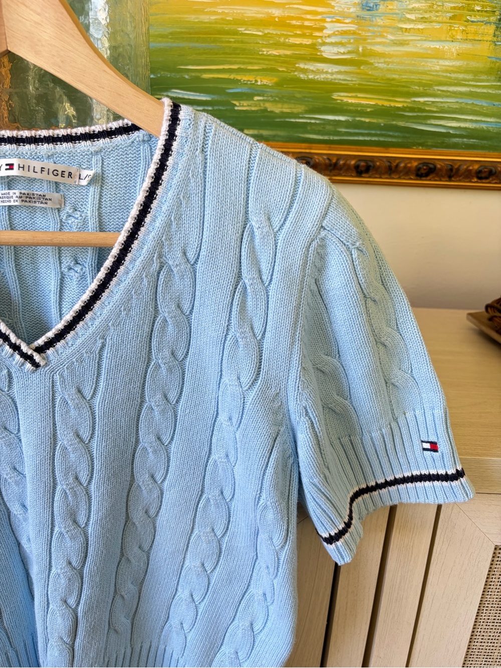 Tommy Hilfiger Pale Blue Cable-Knit V-Neck Sweater with Navy Trim-00B - Picture 3 of 9